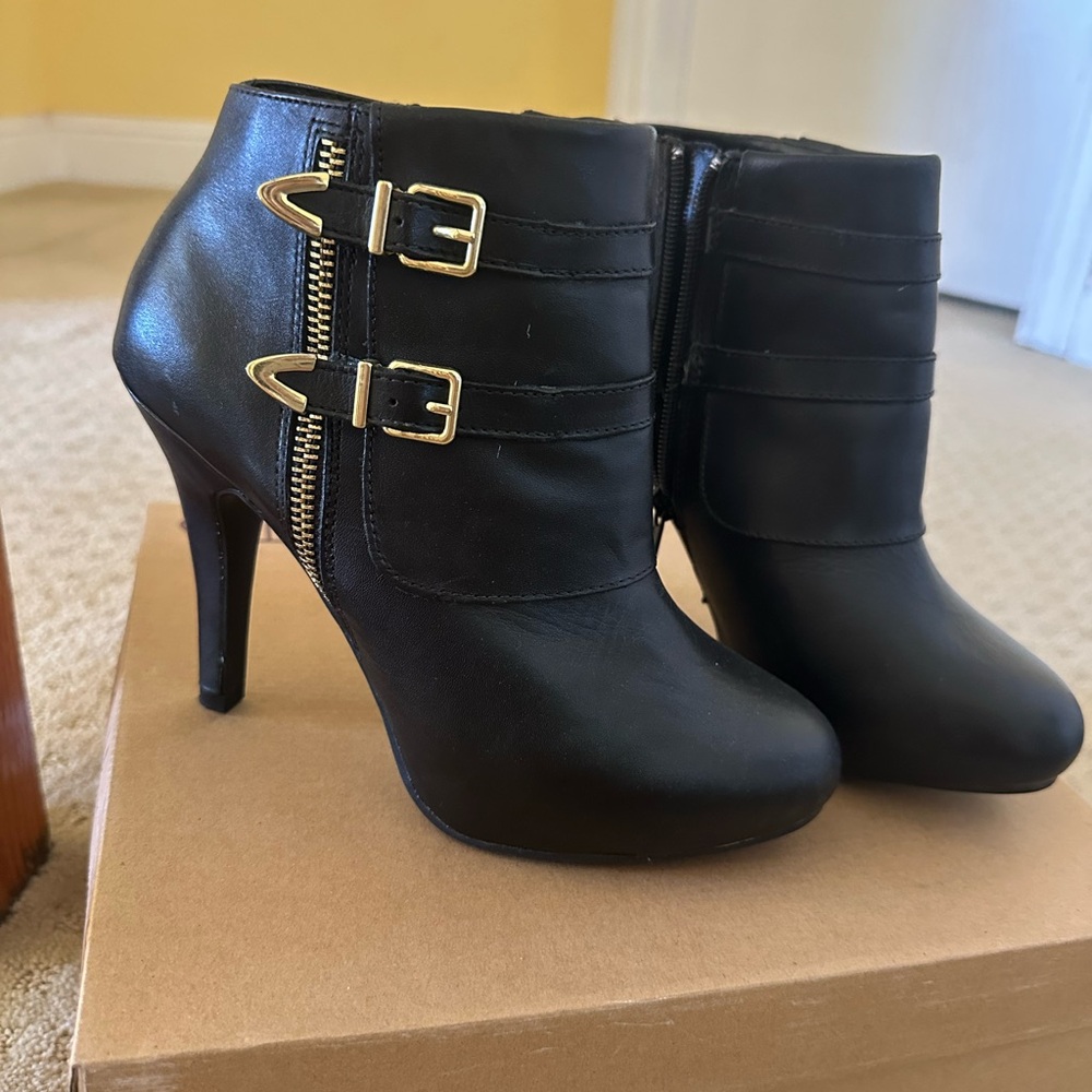 me too Black Ankle Booties with Gold Buckle Accents